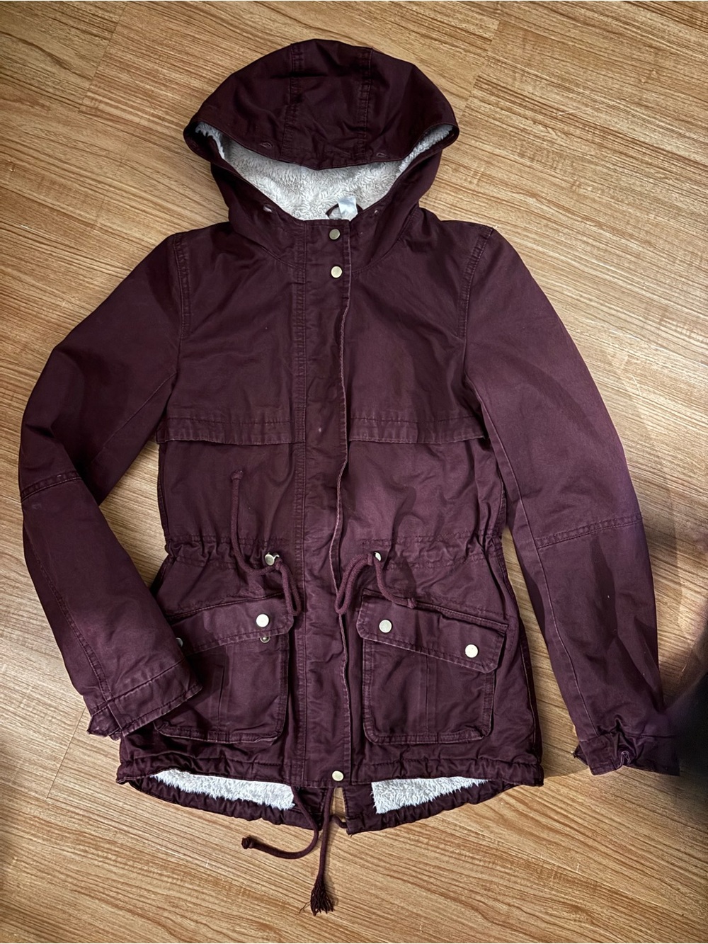 H&M Divided Burgundy Hooded Utility Jacket with Sherpa Lining